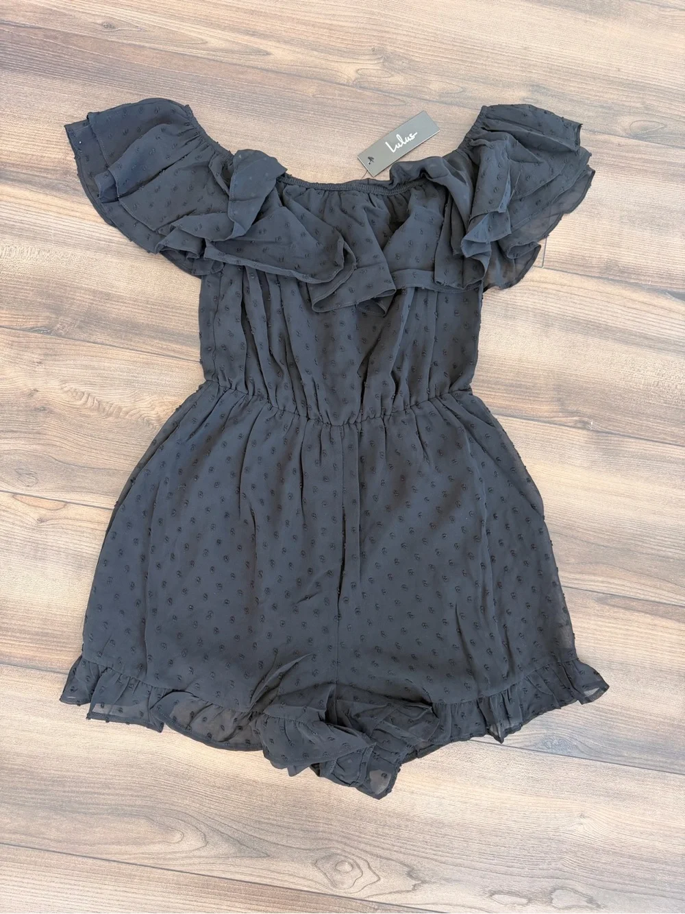 NWT Lulus Frilled to Bits White Swiss Dot Off-the-Shoulder Romper